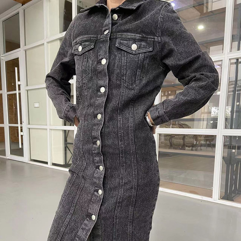 Women's Fashion Blue Wash Button Down Long Sleeve Frayed Hem Shirt Denim Long Jacket