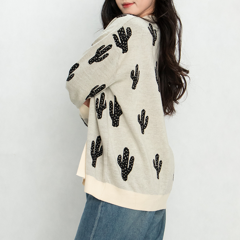 Cactus Print Cardigan Open Front Cardigan Crew Neck Cotton Cardigan