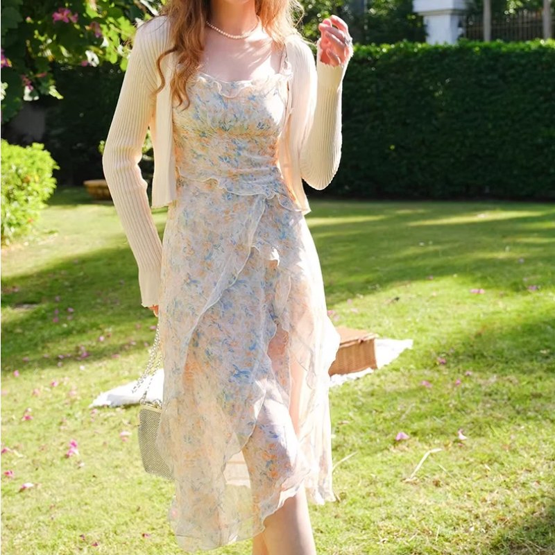 French Style Irregular Hem Slip Dress Women's Summer Fashion Maxi Dress