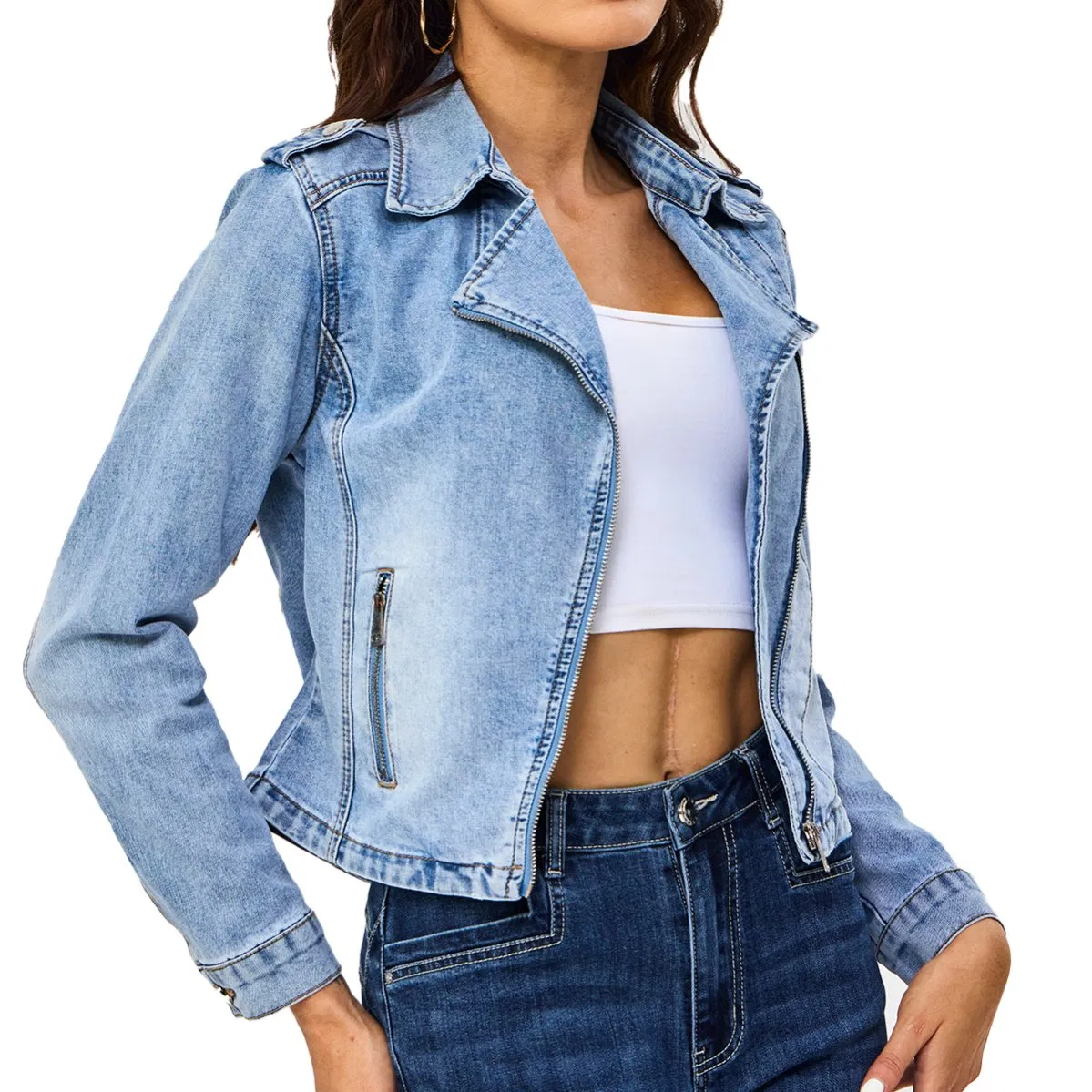 Custom New Design Collar Down Zipper Closure Bleach Washed Long Sleeve Women Denim Jacket