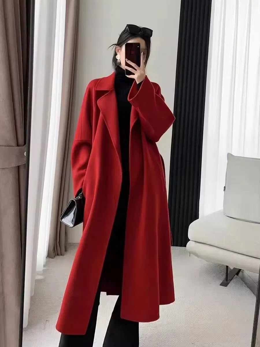 Women's MID-Length Wool Blend Coat with Big Notch Lapel Single Breasted Winter Season Decorated with Lace and Flowers