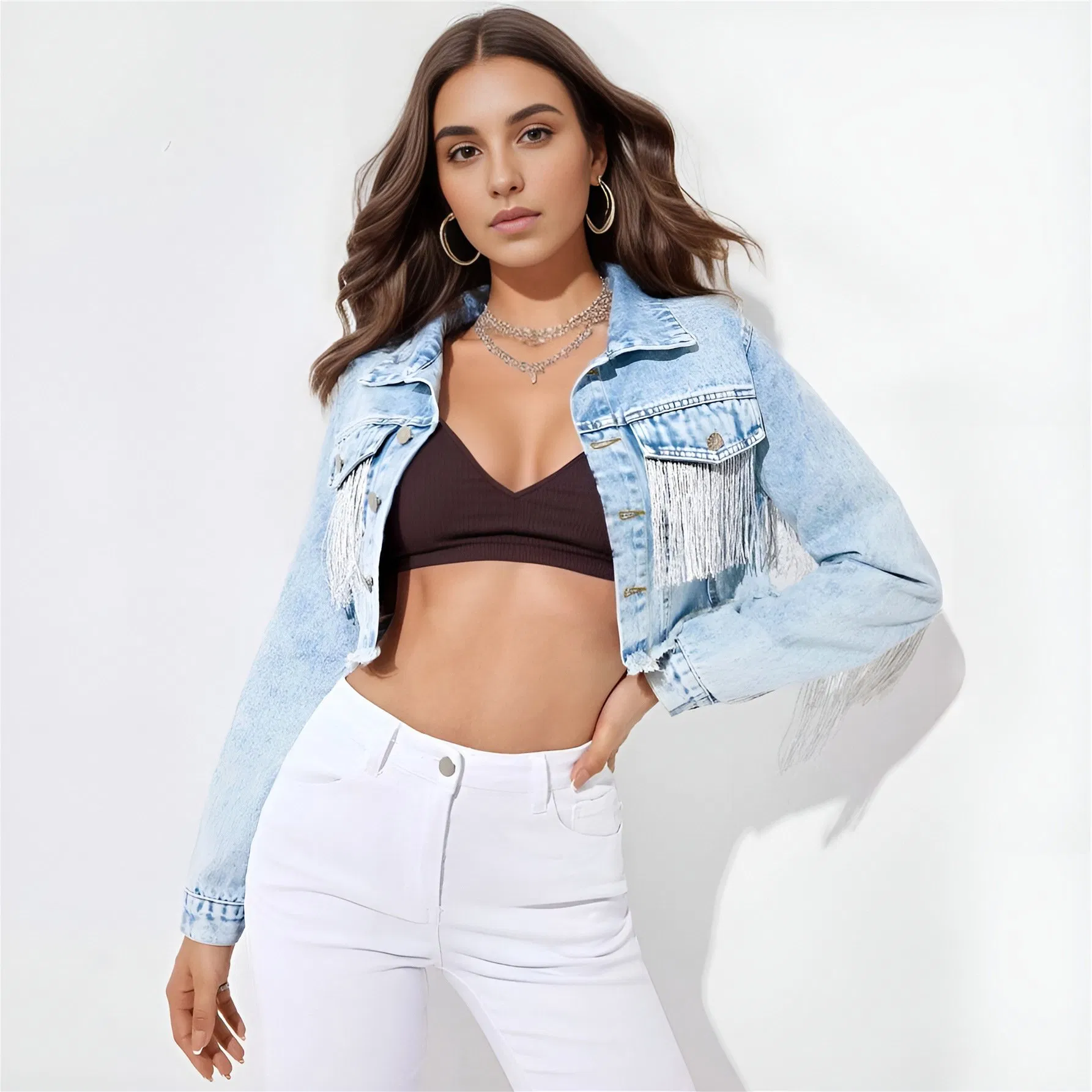 Women Casual Crop Tops Fringe Jeans Jacket Tassel Denim Jacket