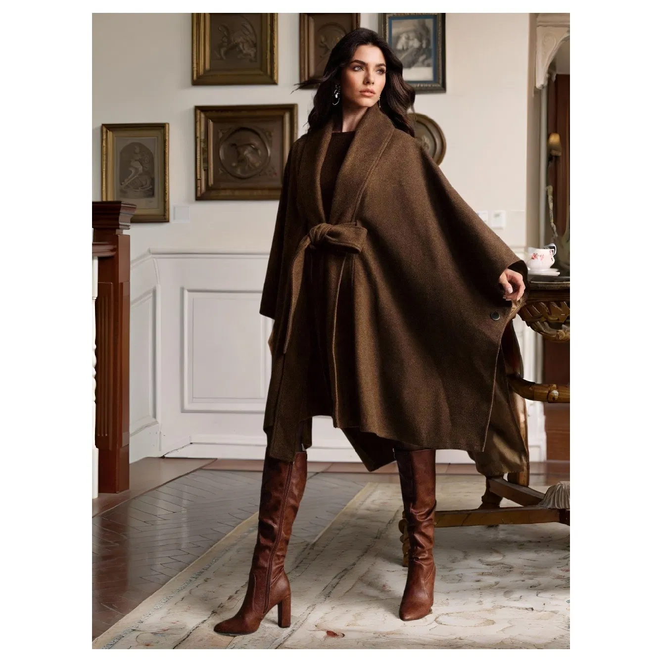 Elegant Shawl-Style Wool Cape Coat for Autumn and Winter