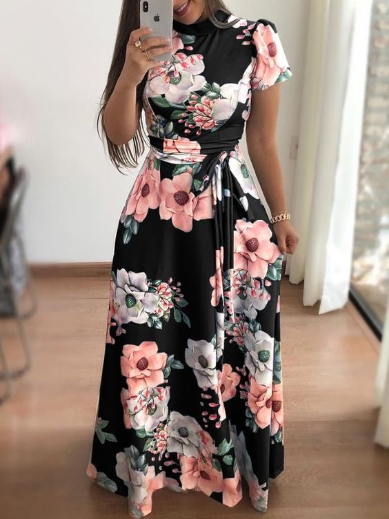 2024 Women Clothes Ladies Dress Floral Print Maxi Dress Bandage Casual Dresses