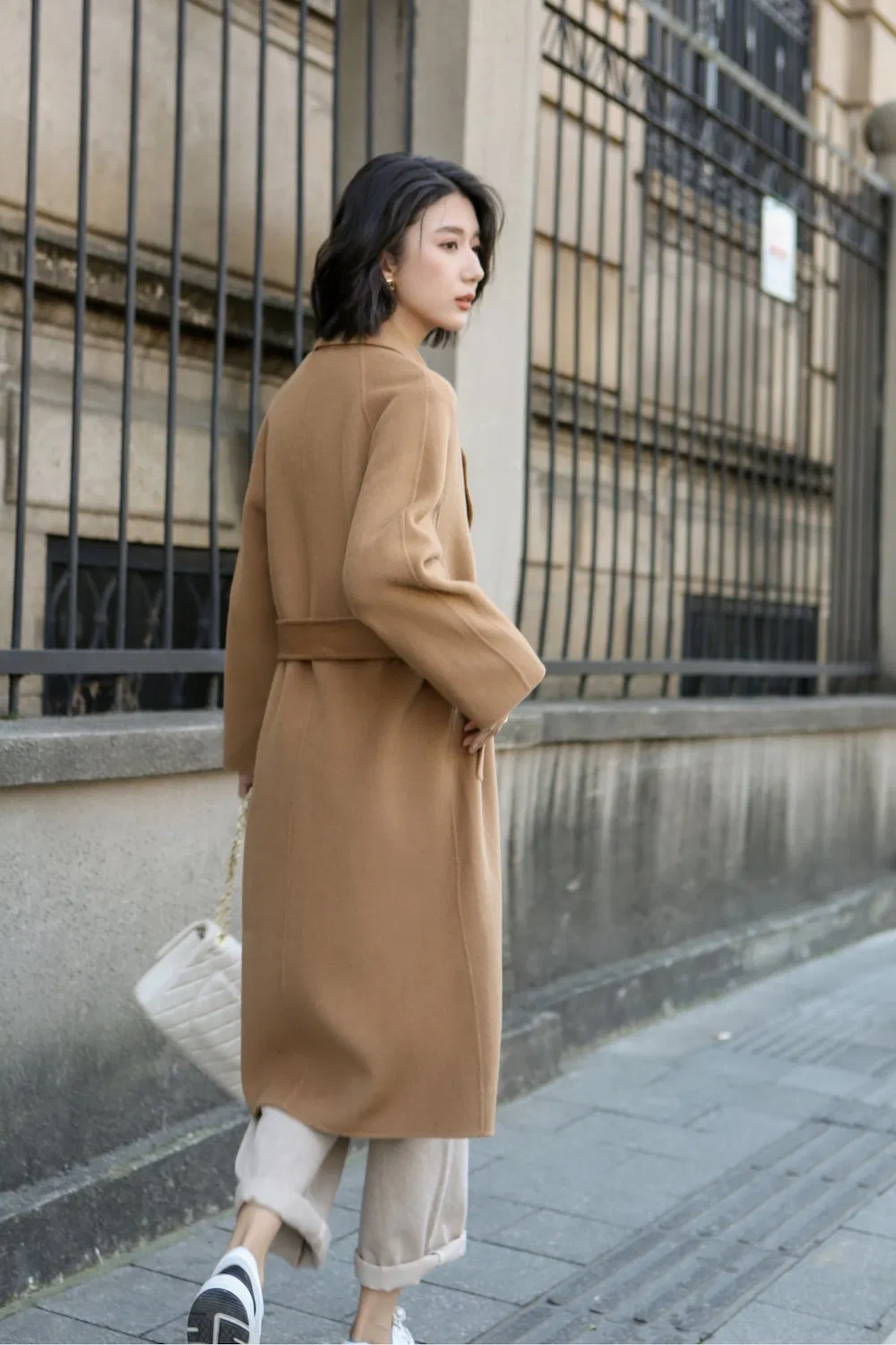Customized Long Wool Coat Elegant Cashmere Winter with Belt for Women