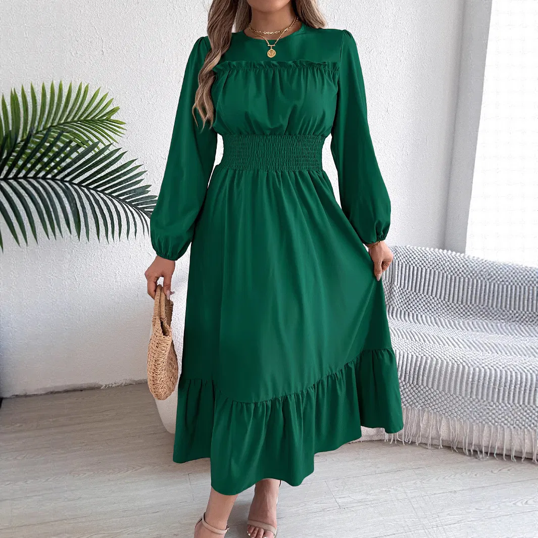 Autumn/Winter European and American Solid Color Elegant Ruffle Hem Waist-Tied Pleated Maxi Dress