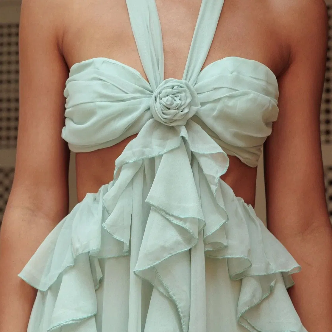 Lady's Mint Green Chiffon Halter-Neck Sexy Backless Layered Ruffled Skirt Stylish Women's Holiday Beach Party Maxi Dress