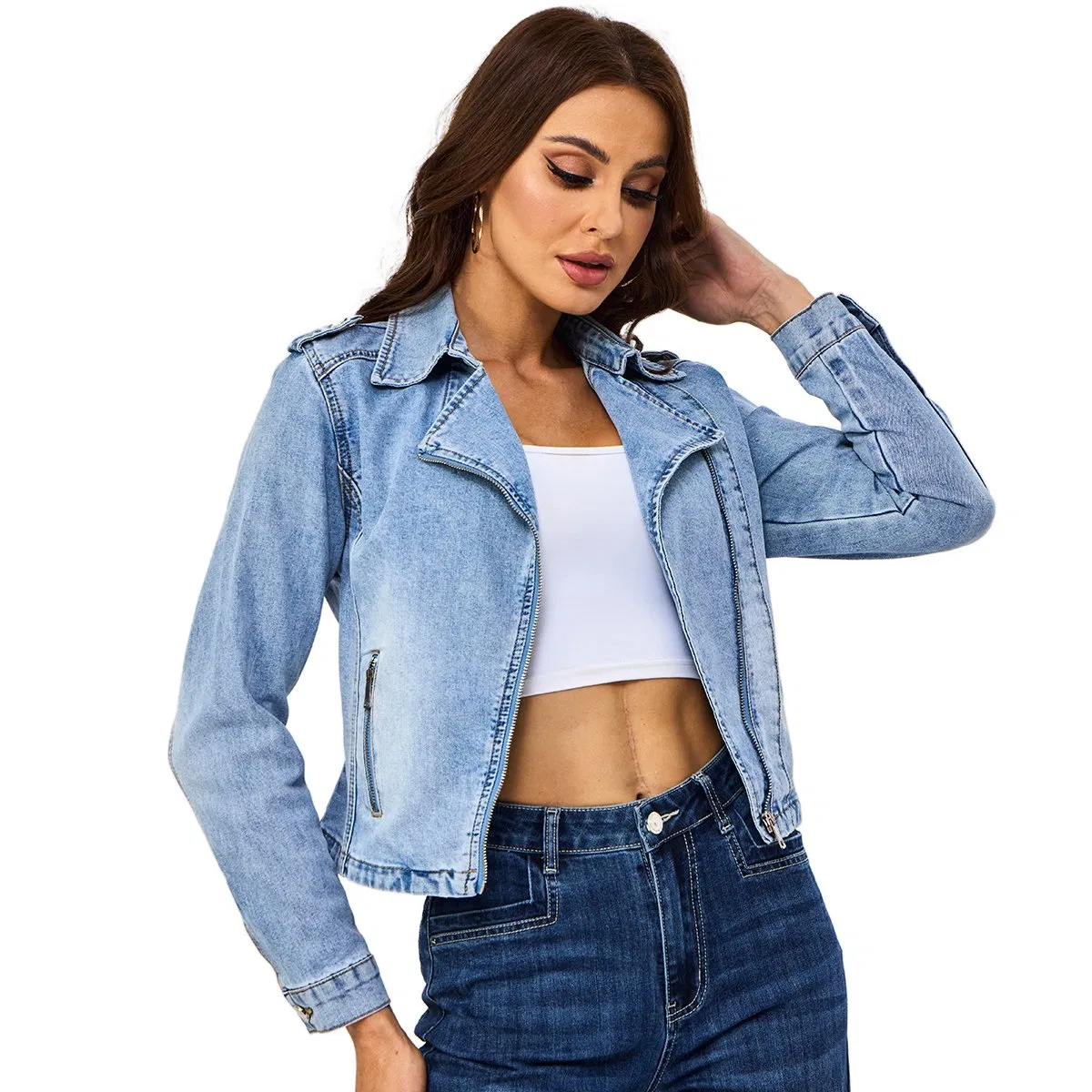 Custom New Design Collar Down Zipper Closure Bleach Washed Long Sleeve Women Denim Jacket