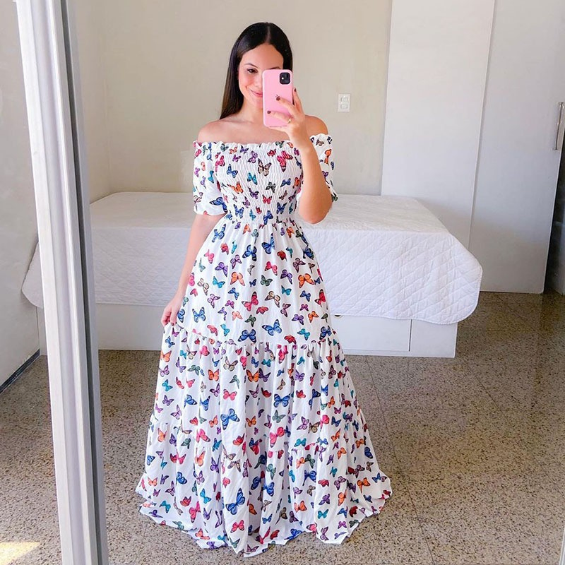 Women Spring Summer Casual Flower Print Fashion Maxi Long Ladies Dress