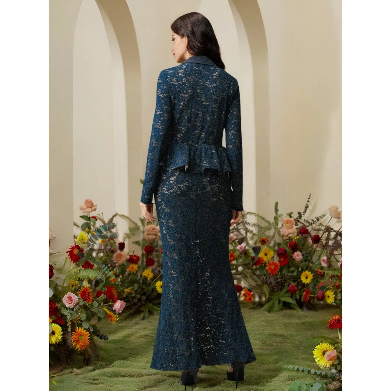 Floor-Length Navy Blue Lace Peplum Collar Mermaid Maxi Dress Women Elegant Party Evening Gown Formal Occasion Wear Slim Fit