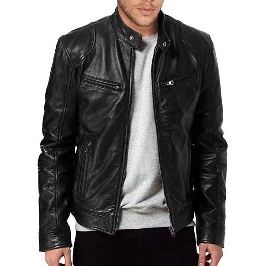 Mens Leather Jacket Slim Fit Motorcycle Biker Real Stand Collar OEM
