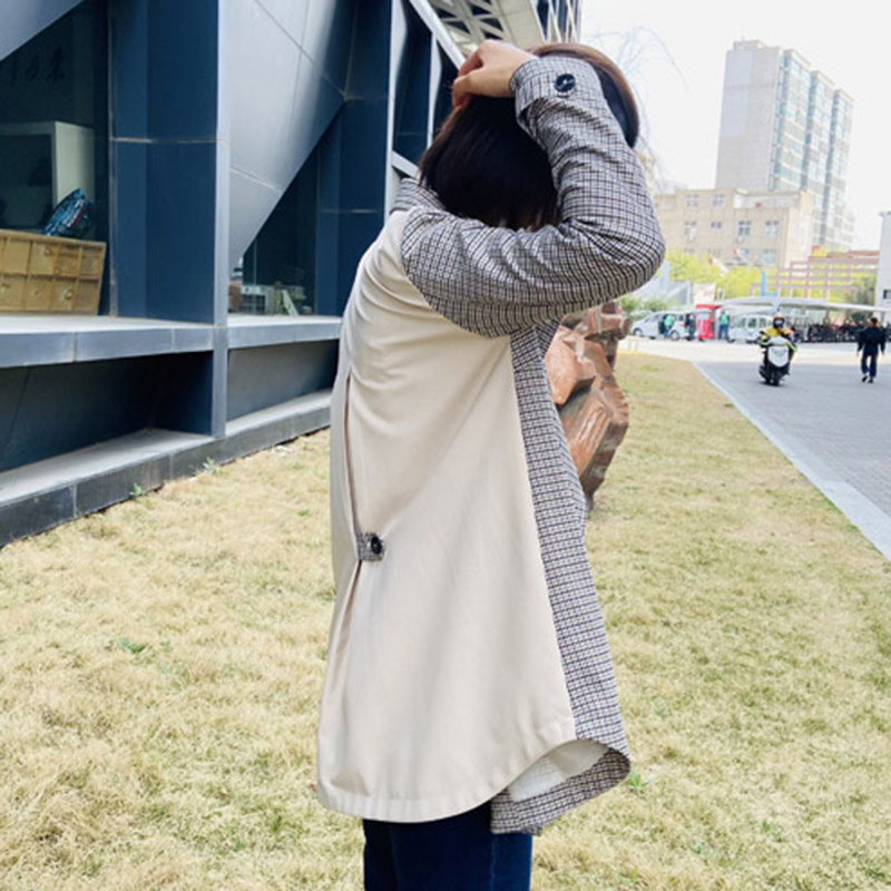 Women's Fashion Casual Double-Breasted Contrast Jacket A-Line Trench Coat with Sleeve Tabs