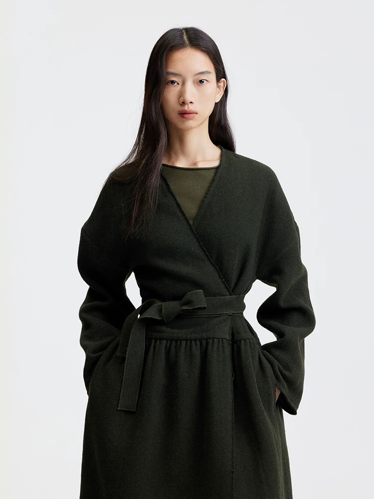 High Fashion Wholesale Women Double Side Loose Wool Coat Dress Shaped Wool Outwear