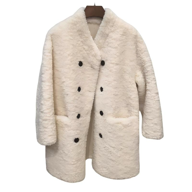 Classic MID-Length Beige Faux Wool Fur Coat for Women