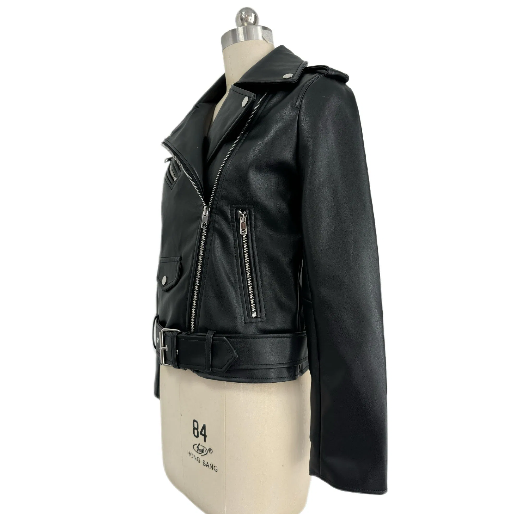 Design Faux Leather Coat Diagonal Zipper Women's Short Motorcycle PU Leather Jacket