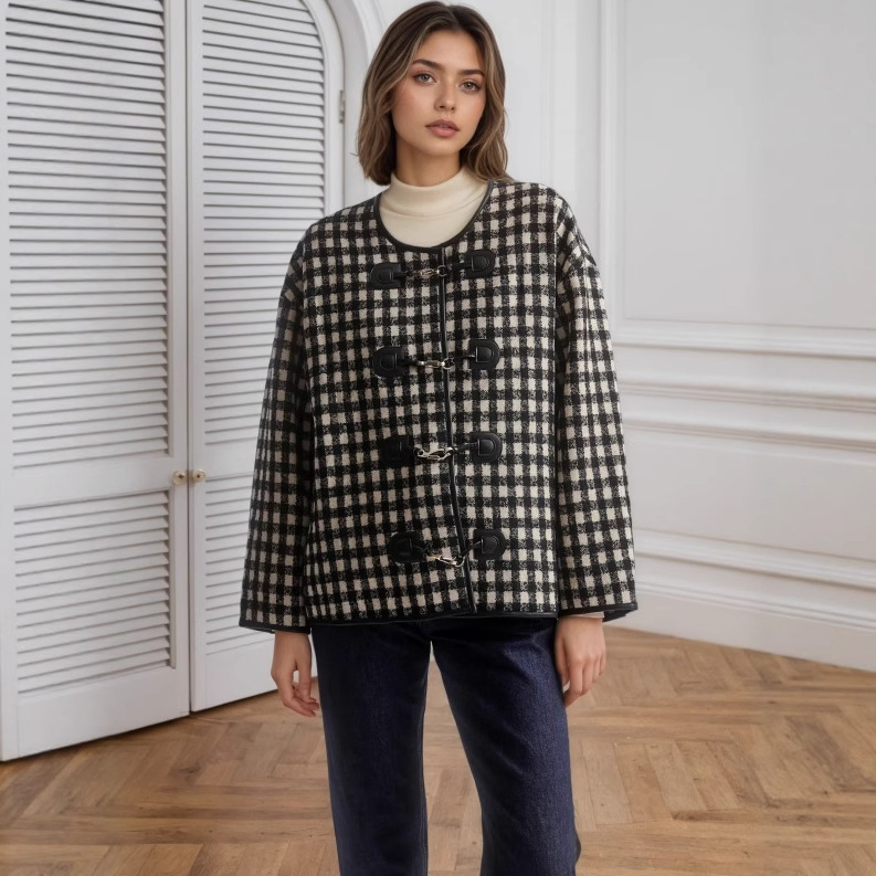 Women's Winter Overcoat New Arrival Plaid Padded Jacket with Faux Wool Trim Lapel Coat Featuring Two-Tone Checkered Warm