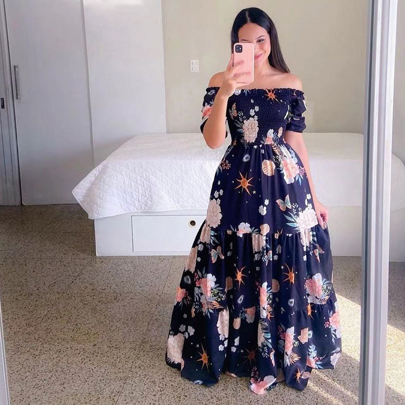 Women Spring Summer Casual Flower Print Fashion Maxi Long Ladies Dress