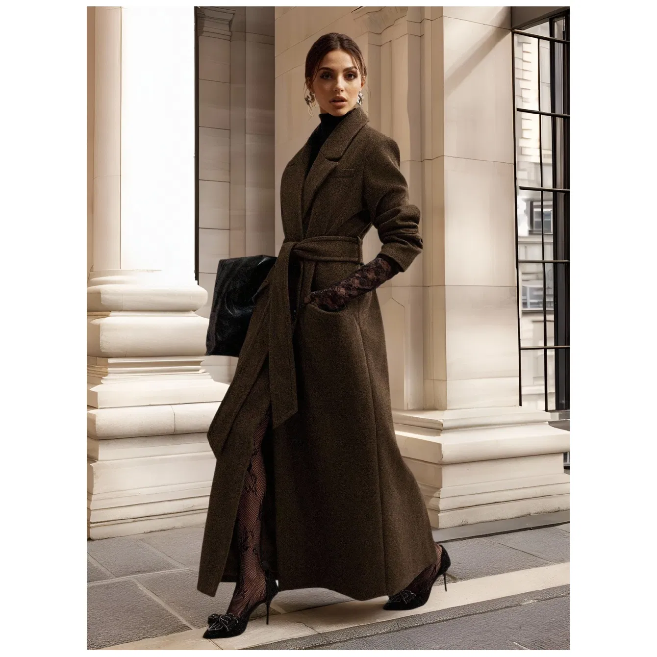 Chocolate Brown Belted Wool Blend Oversized Coat