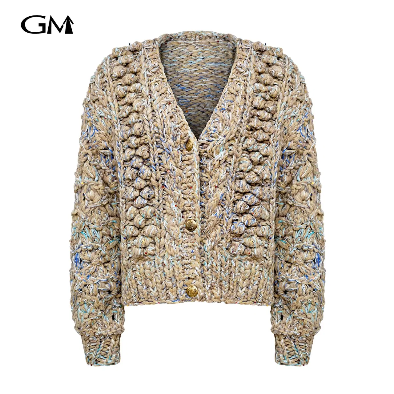 Artisanal Chunky Knit V Neck Button Front Textured Cropped Fashionable Knitted Cardigan