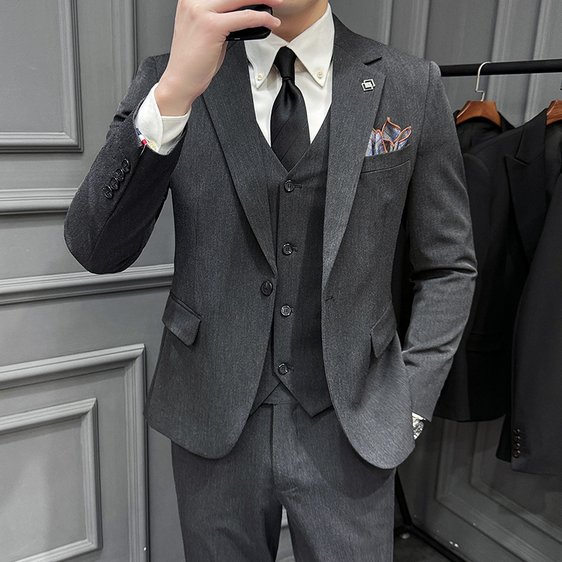 Breasted Coat Vest Men 3 Piece Business Solid Color Wedding Dress Blazer