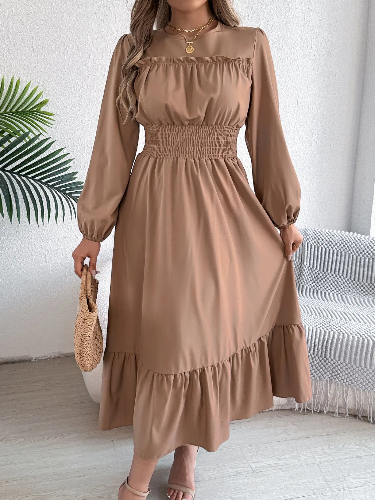 Autumn/Winter European and American Solid Color Elegant Ruffle Hem Waist-Tied Pleated Maxi Dress
