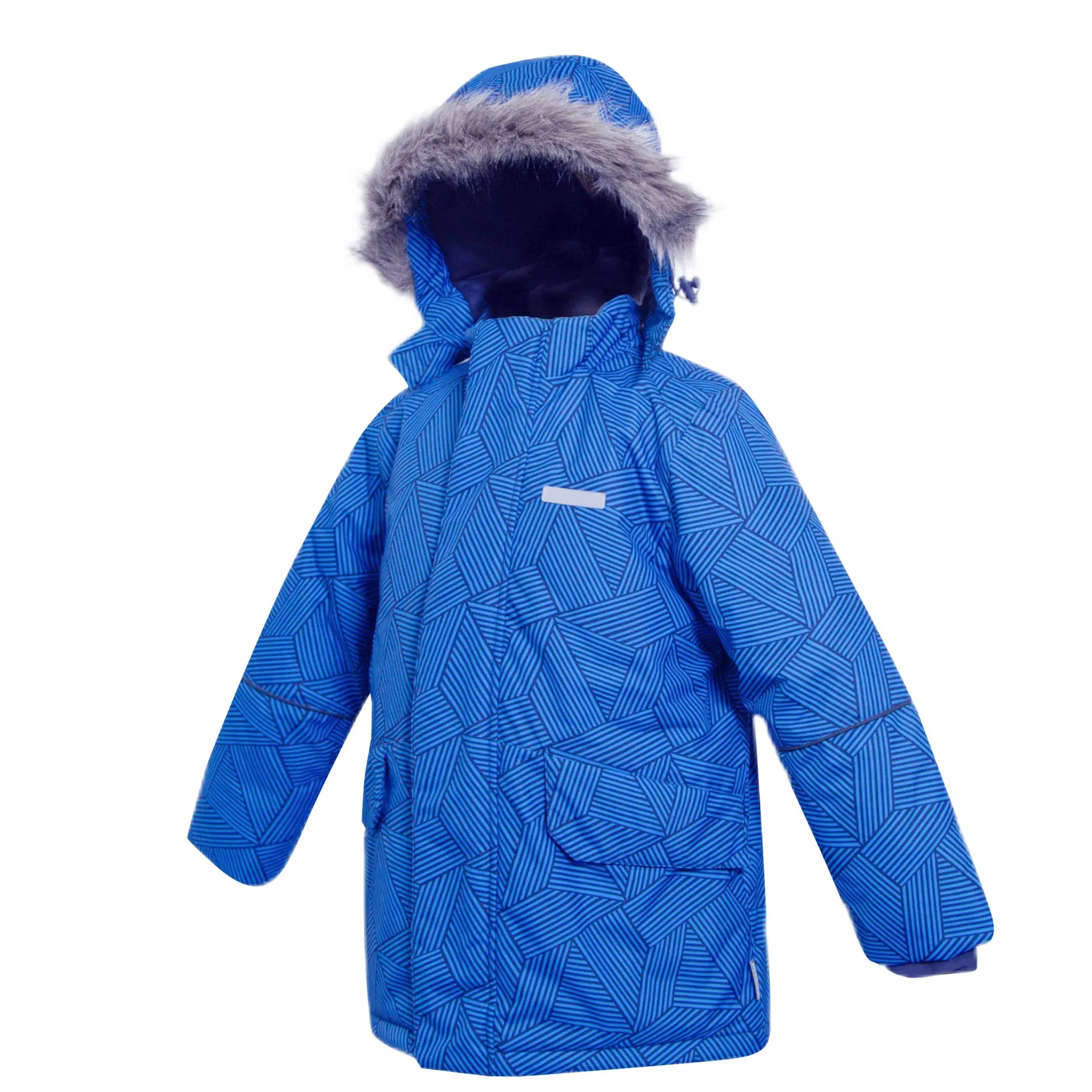 Kid's Waterproof Winter Parka with Fur Hood Blue Geometric Pattern