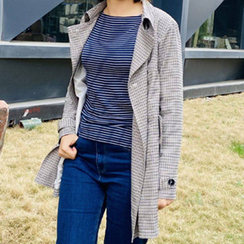 Women's Fashion Casual Double-Breasted Contrast Jacket A-Line Trench Coat with Sleeve Tabs