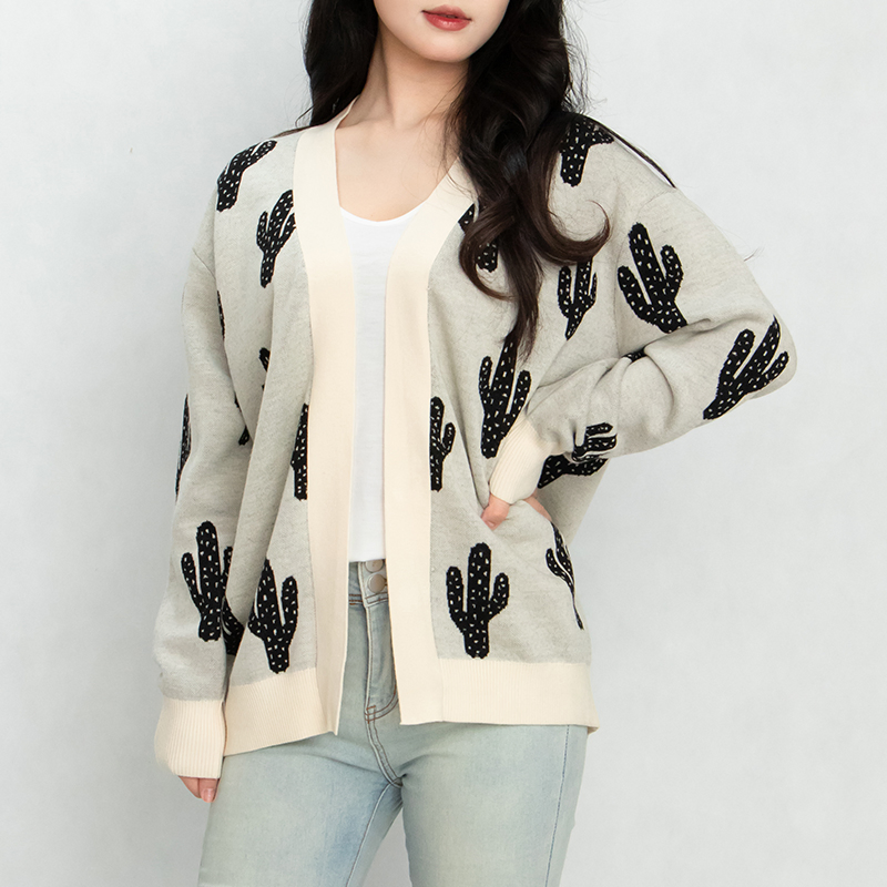 Cactus Print Cardigan Open Front Cardigan Crew Neck Cotton Cardigan