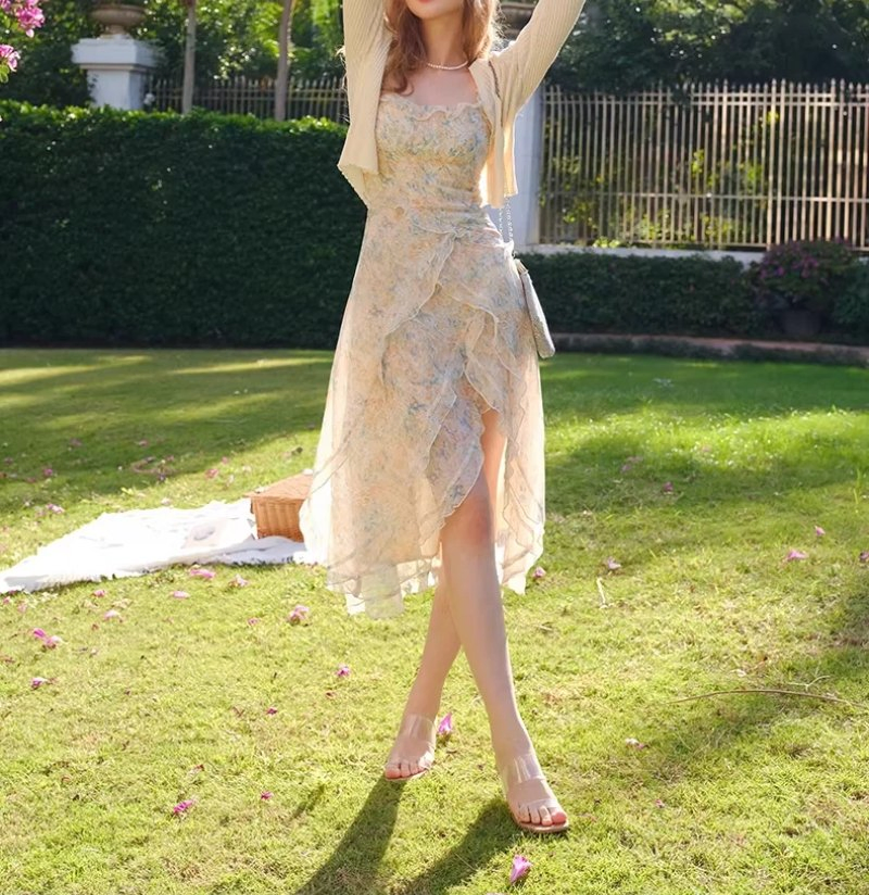 French Style Irregular Hem Slip Dress Women's Summer Fashion Maxi Dress