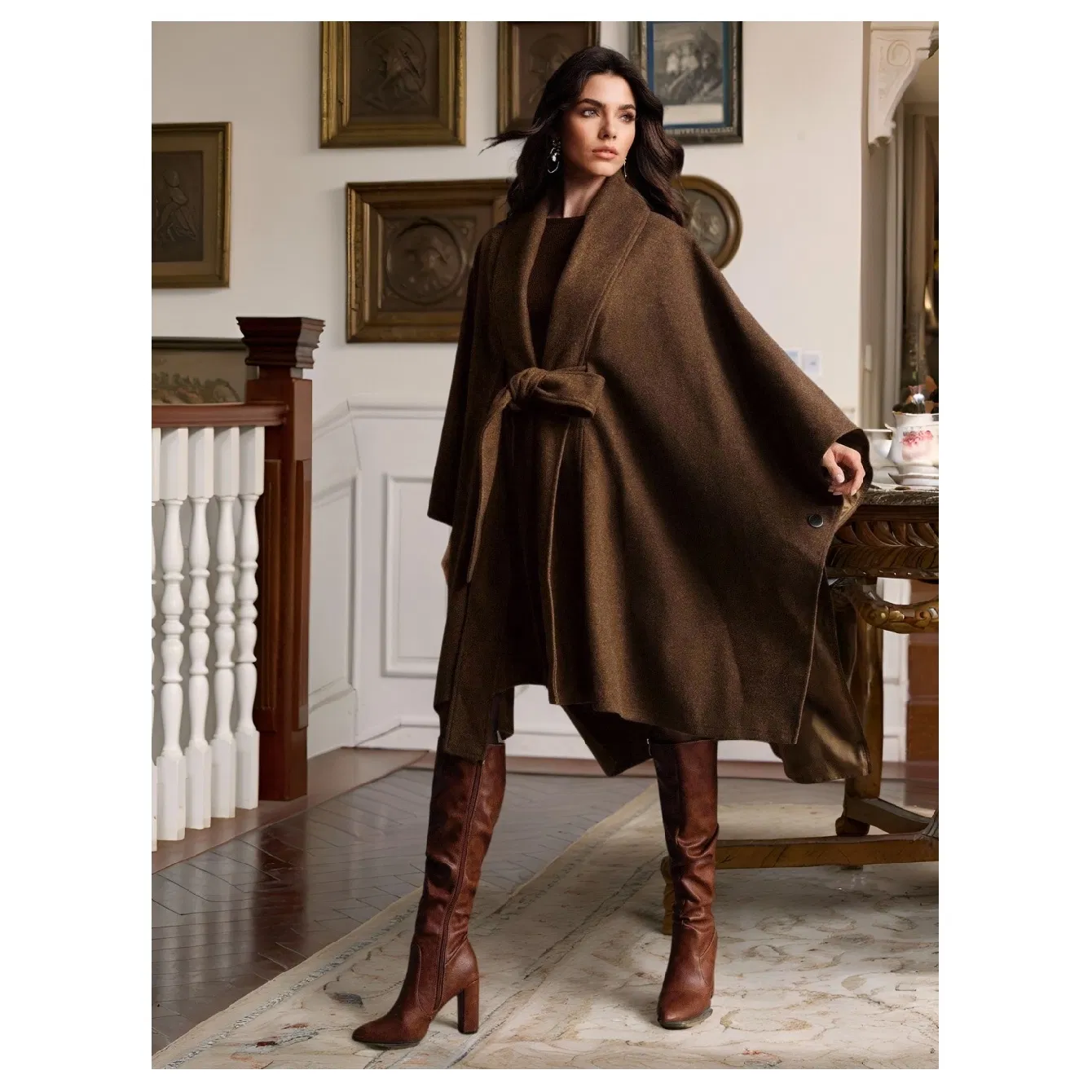 Elegant Shawl-Style Wool Cape Coat for Autumn and Winter
