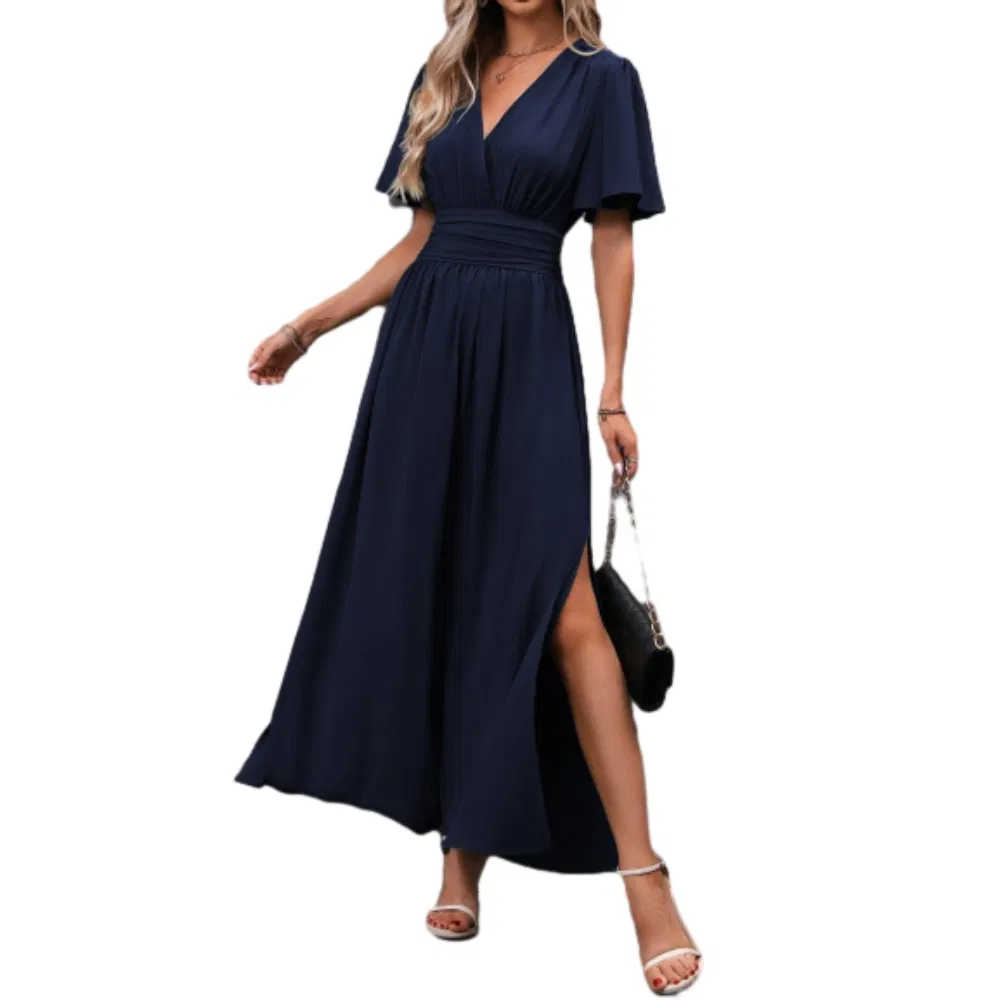 Hot-Selling Elegant 2025 New Flutter-Sleeve V-Neck Ruched-Waist Side-Slit Solid-Color Maxi Dress
