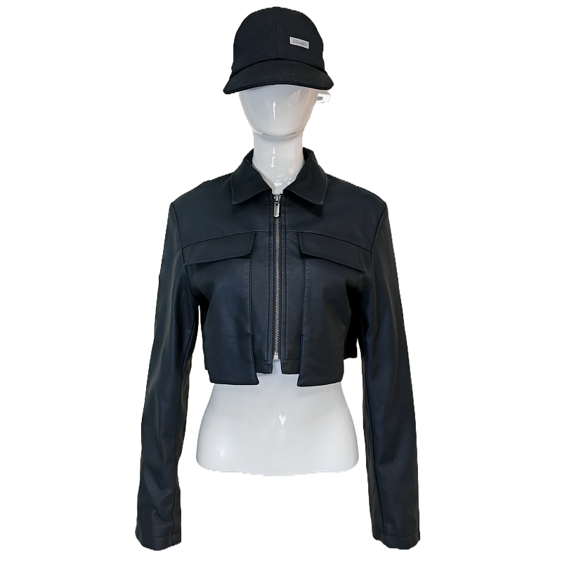 Women's Black Faux Leather Cropped Biker Jacket Collared Zip-up Streetwear Coat