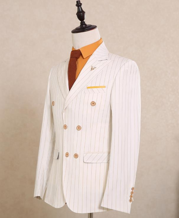 2PCS White Striped Wmoen Suit Notch Lapel Formal Wedding Groom Tuxedo Party Blazer