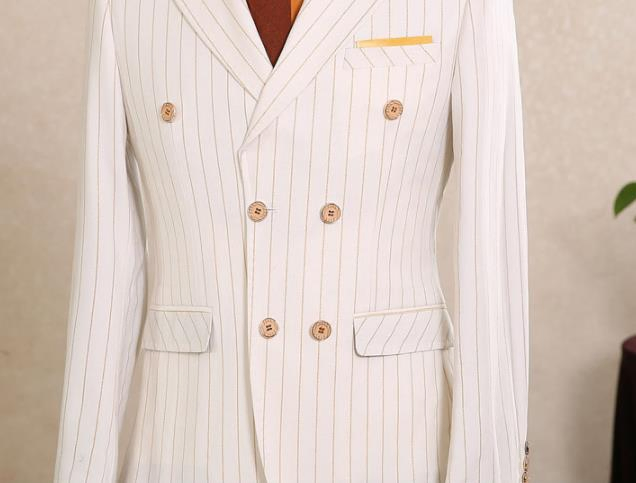2PCS White Striped Wmoen Suit Notch Lapel Formal Wedding Groom Tuxedo Party Blazer