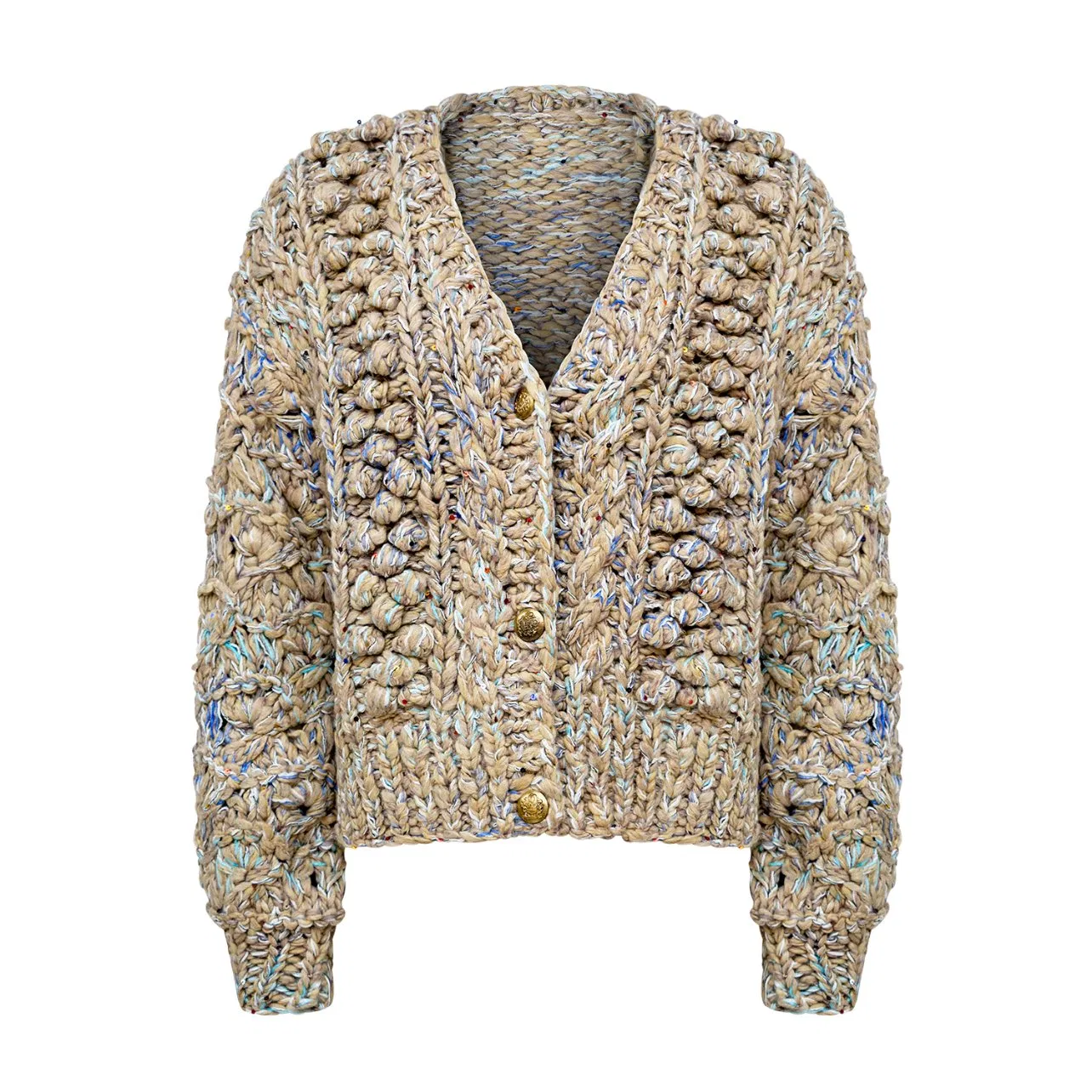 Artisanal Chunky Knit V Neck Button Front Textured Cropped Fashionable Knitted Cardigan