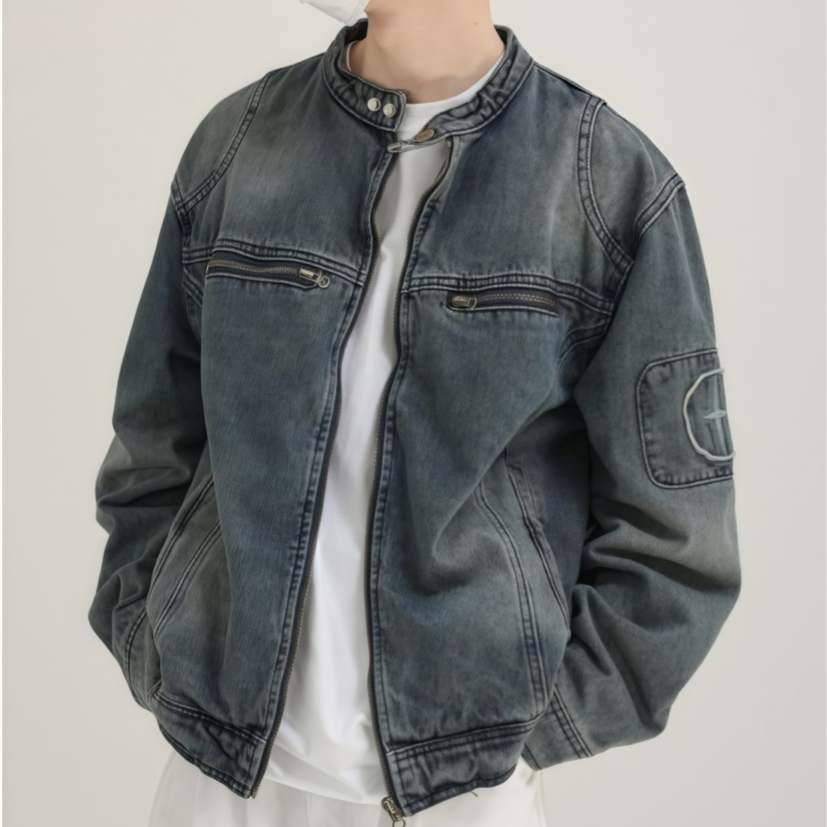 Produced 10 Million PCS Trendy Washed Workwear Mens Denim Jacket Loose Texture Stand Collar Denim Jackets