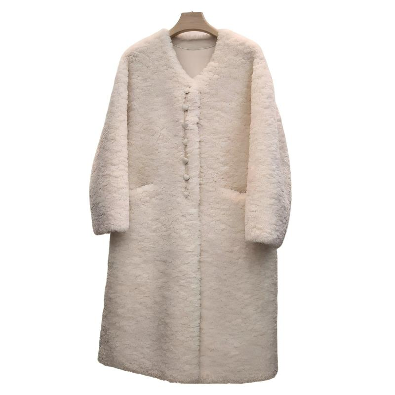 Classic MID-Length Beige Faux Wool Fur Coat for Women