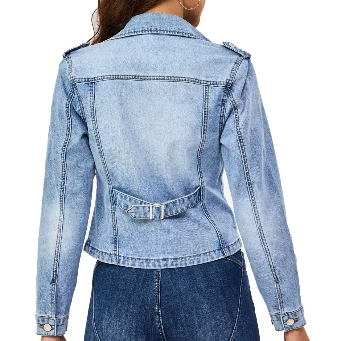 Custom New Design Collar Down Zipper Closure Bleach Washed Long Sleeve Women Denim Jacket