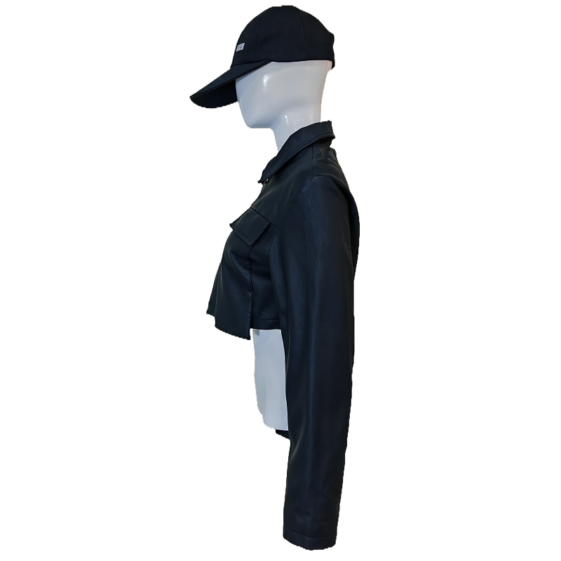 Women's Black Faux Leather Cropped Biker Jacket Collared Zip-up Streetwear Coat