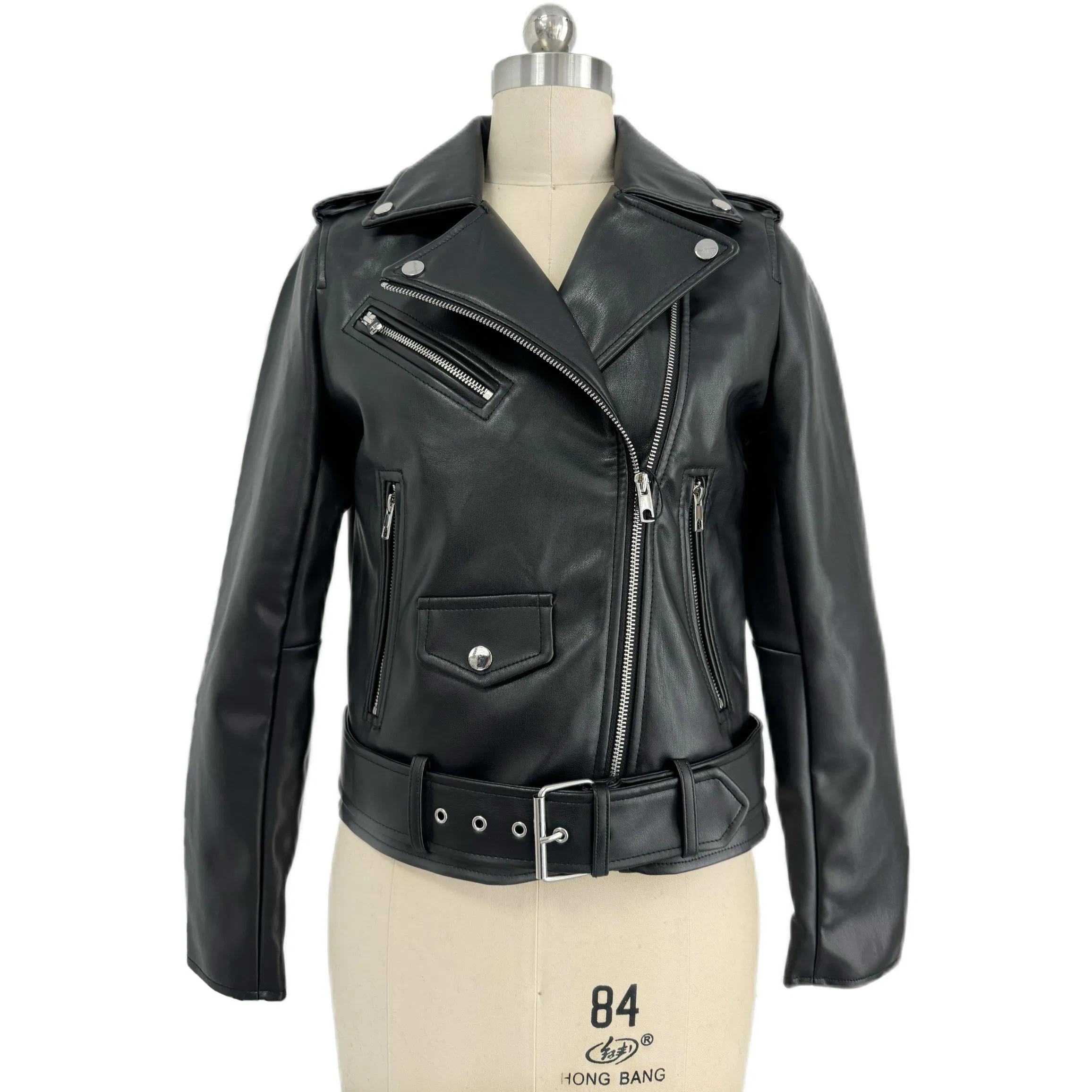 Design Faux Leather Coat Diagonal Zipper Women's Short Motorcycle PU Leather Jacket