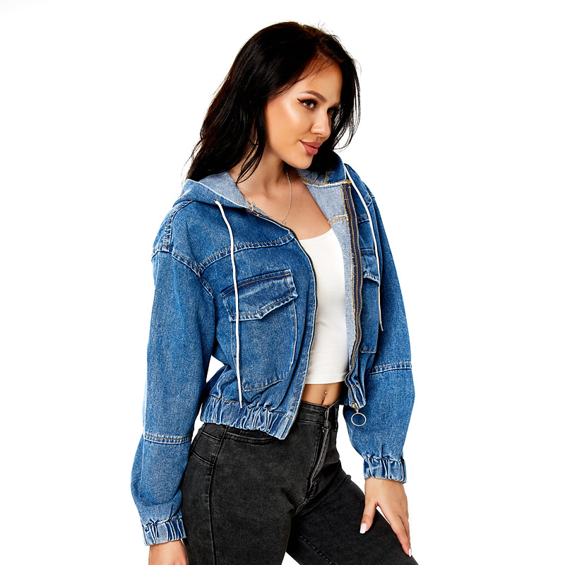Women′ S Hooded Zip-up Denim Jacket Denim Hoodie Jacket Casual Jeans with Hood Blue Womens Denim Jacket
