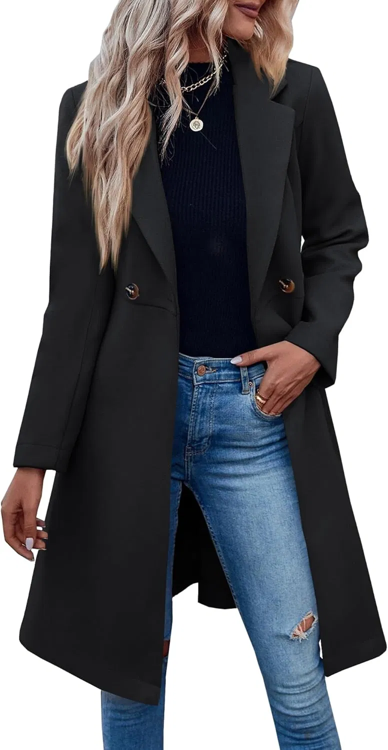Women's Double Breasted Trench Coat Belted Business Casual