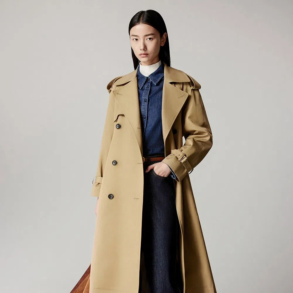 Sophisticated Longline Trench Coat with Black Button Closure