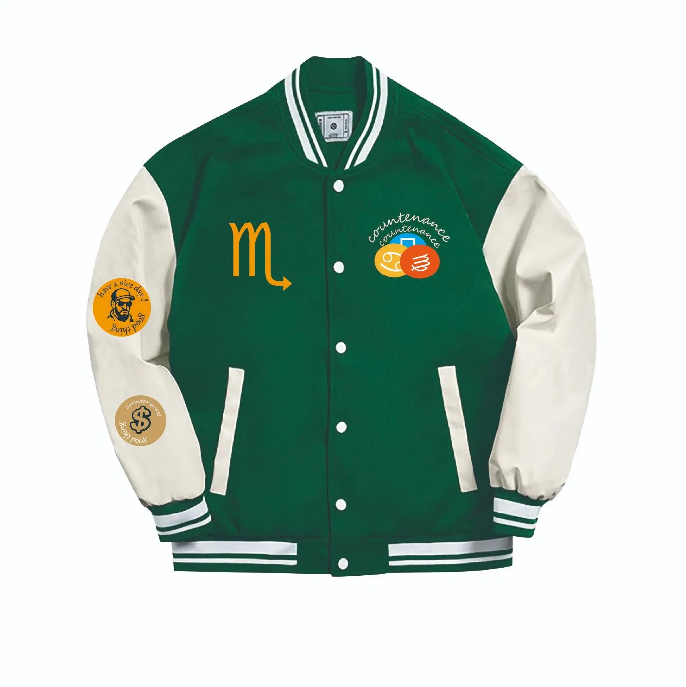 Varsity Bomber Jacket with Zodiac Sign and Badges on Green