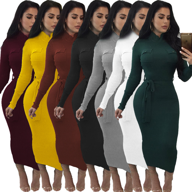 OEM Winter Casual Women Long Sleeve Knitted Maxi Bodycon Sweater Dresses