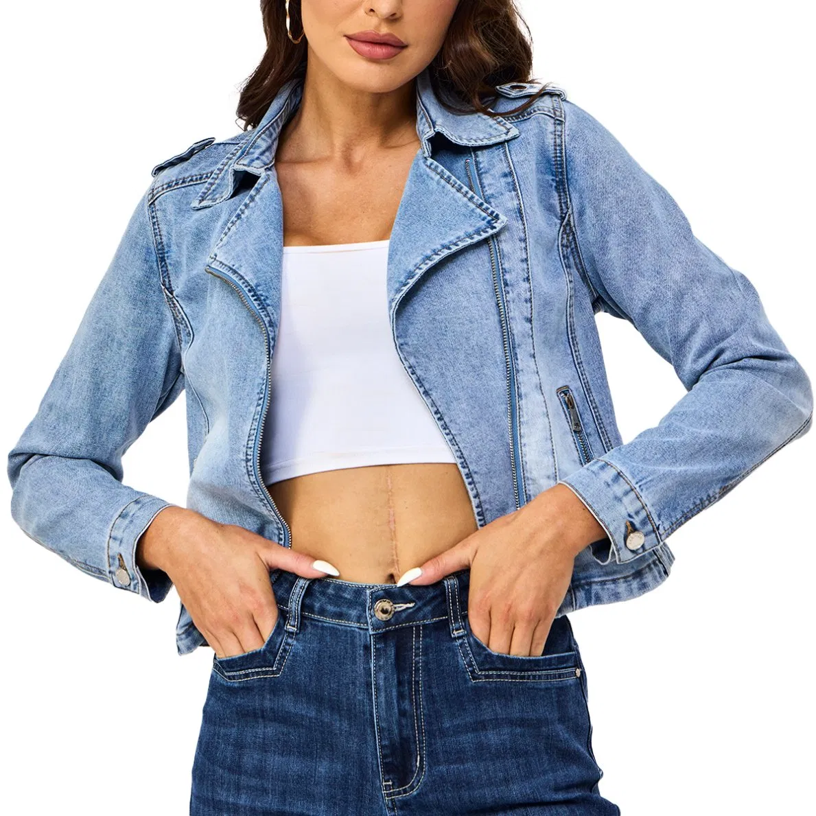 Custom New Design Collar Down Zipper Closure Bleach Washed Long Sleeve Women Denim Jacket