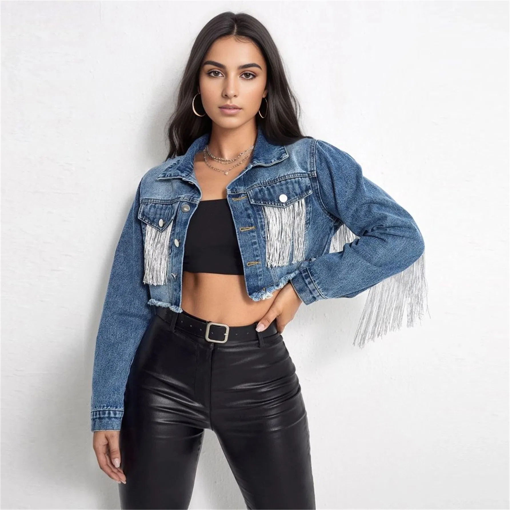Women Casual Crop Tops Fringe Jeans Jacket Tassel Denim Jacket