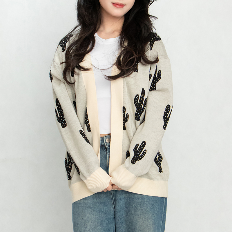 Cactus Print Cardigan Open Front Cardigan Crew Neck Cotton Cardigan