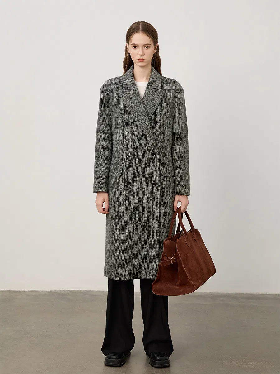 Double-Breasted Double Faced Herringbone Long Wool Trench Coat for Women