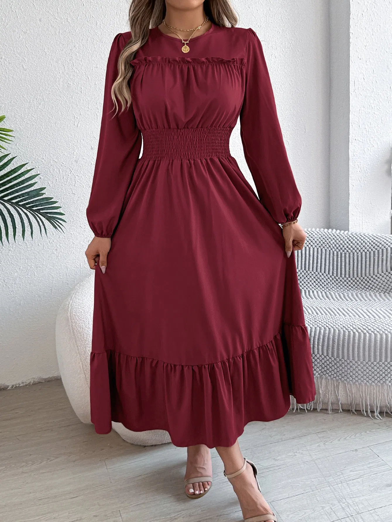 Autumn/Winter European and American Solid Color Elegant Ruffle Hem Waist-Tied Pleated Maxi Dress